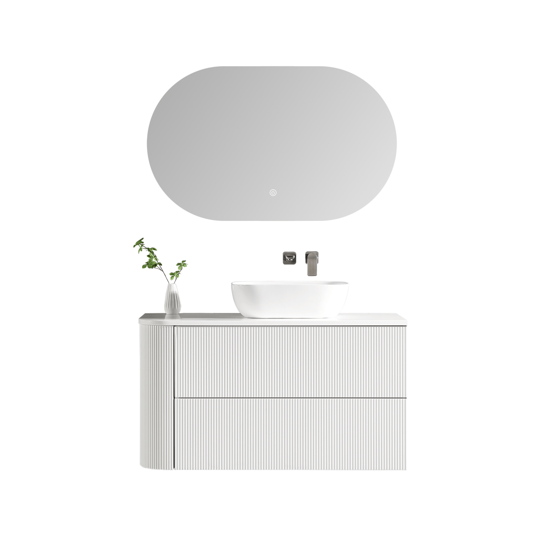 MELA - BRITTANY 1050 Matt White Fluted One Side Curved Wall Hung Vanity with 2 Drawers - Vanities - from our - MELA - supplier–available at Bathroom City Perth