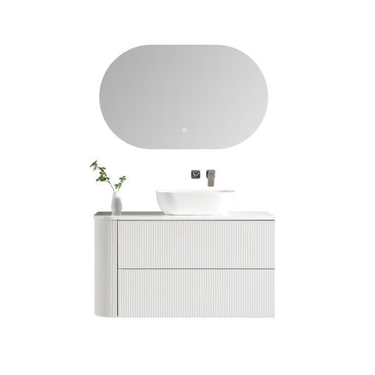 MELA - BRITTANY 1050 Matt White Fluted One Side Curved Wall Hung Vanity with 2 Drawers - Vanities - from our - MELA - supplier–available at Bathroom City Perth