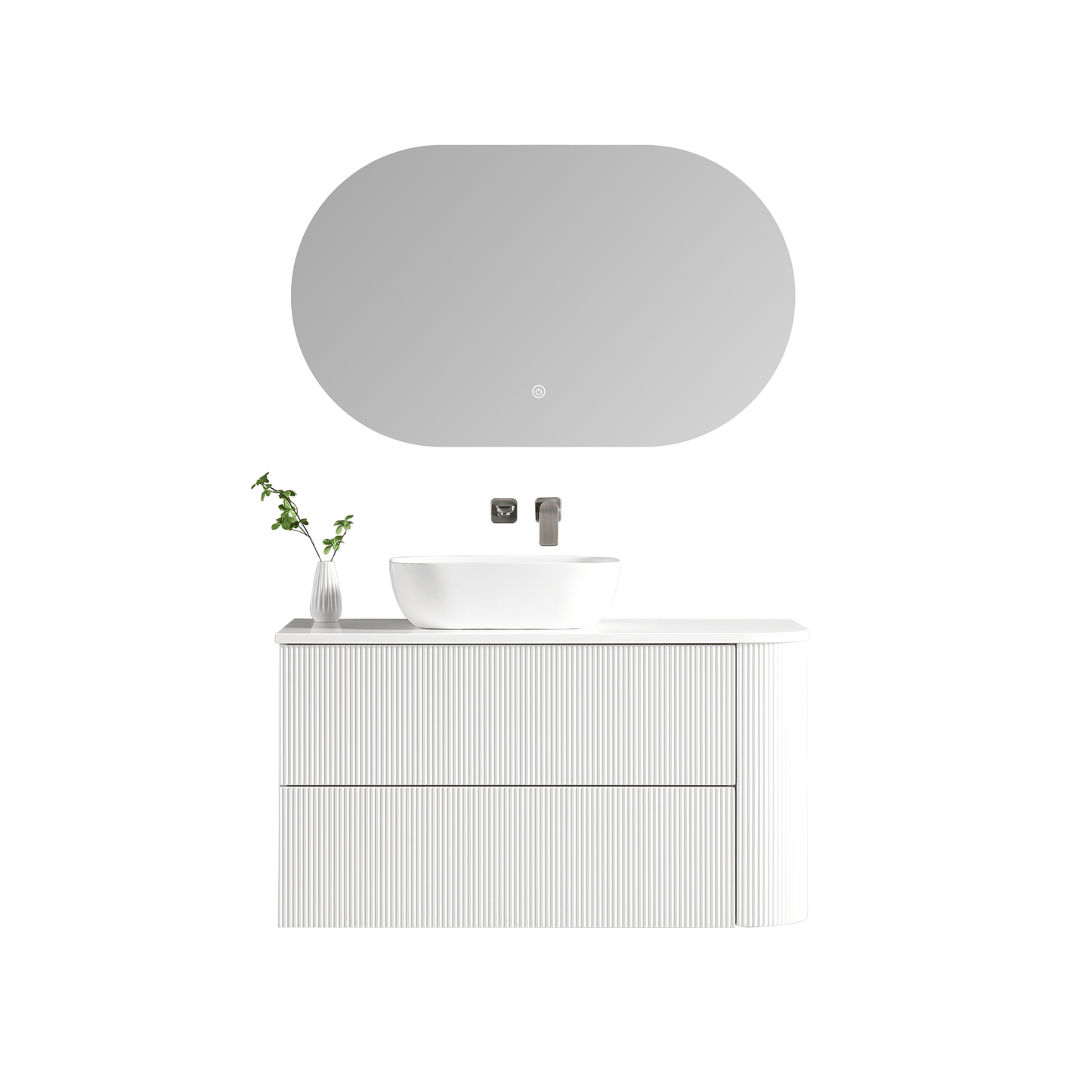 MELA - BRITTANY 1050 Matt White Fluted One Side Curved Wall Hung Vanity with 2 Drawers - Vanities - from our - MELA - supplier–available at Bathroom City Perth