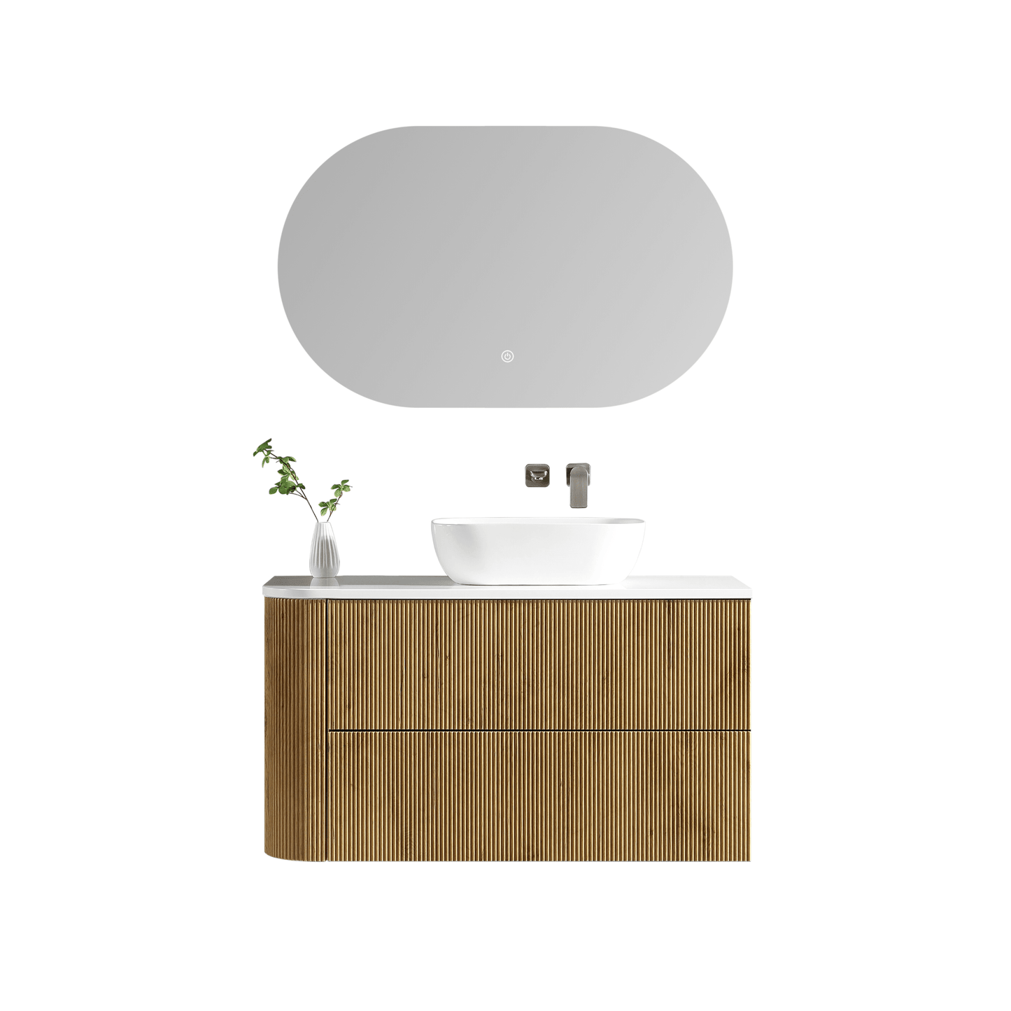 MELA - BRITTANY 1050 Oak Fluted One Side Curved Wall Hung Vanity with 2 Drawers - Vanities - from our - MELA - supplier–available at Bathroom City Perth