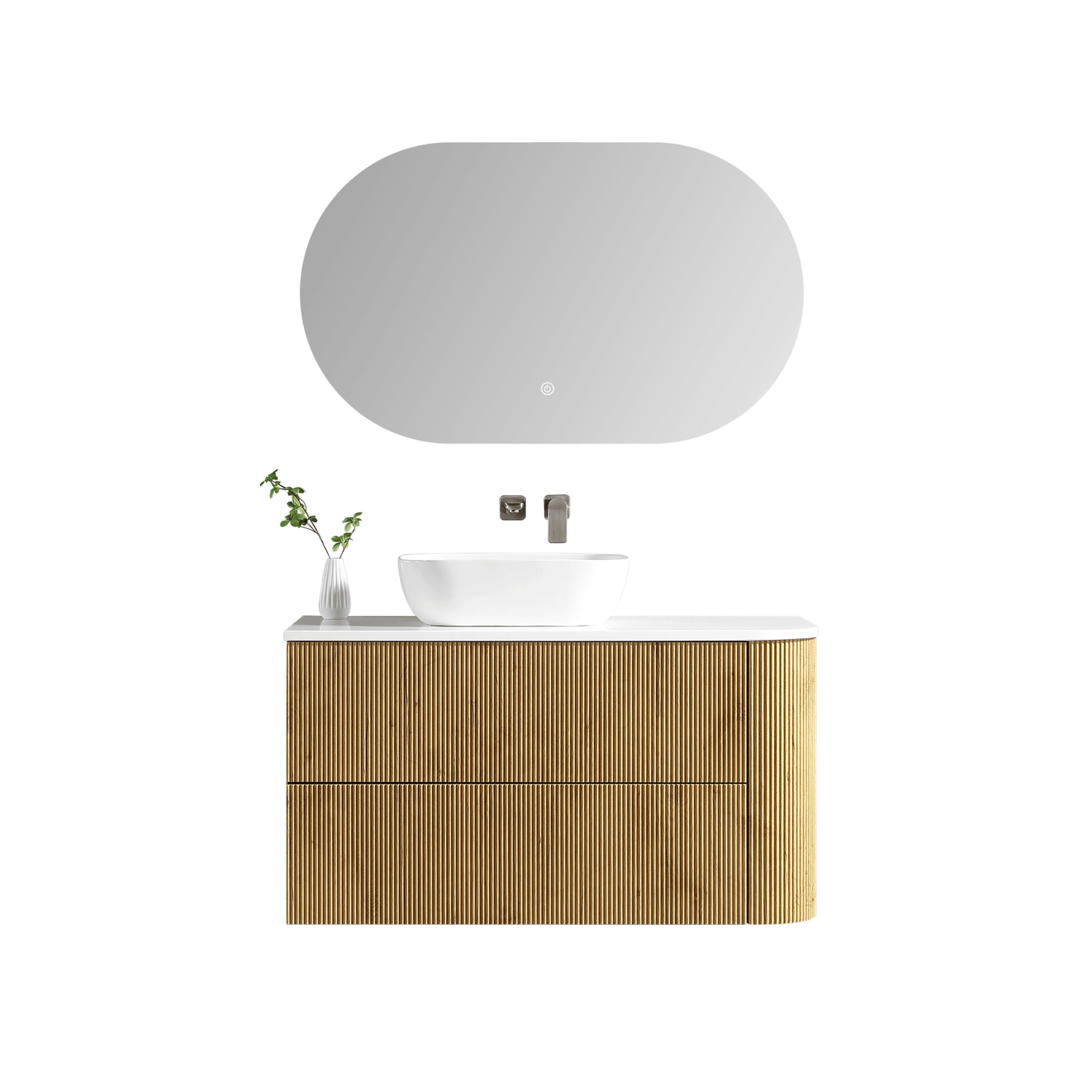 MELA - BRITTANY 1050 Oak Fluted One Side Curved Wall Hung Vanity with 2 Drawers - Vanities - from our - MELA - supplier–available at Bathroom City Perth