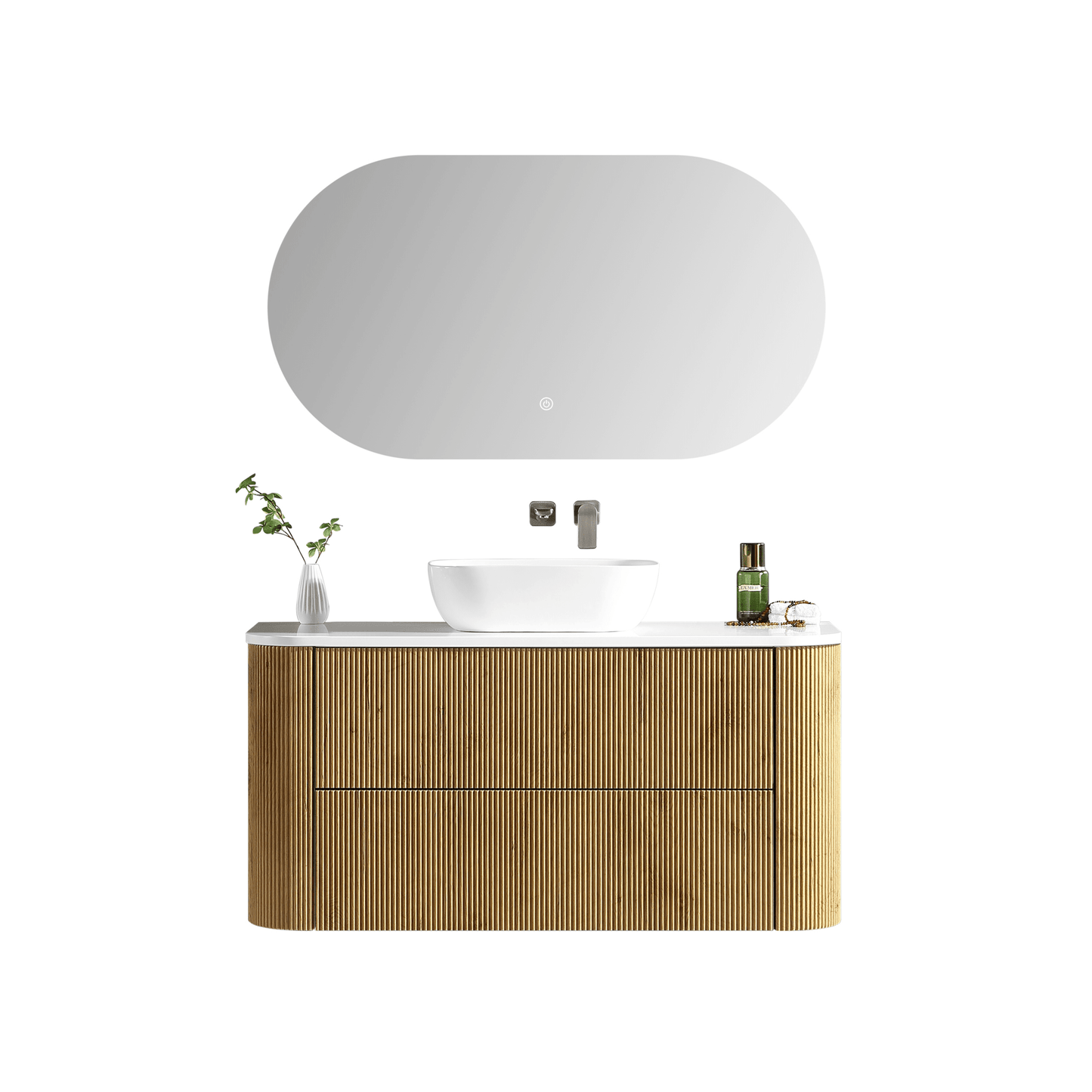 MELA - BRITTANY 1200 Oak Fluted Curved Wall Hung Vanity with 2 Drawers - Vanities - from our - MELA - supplier–available at Bathroom City Perth