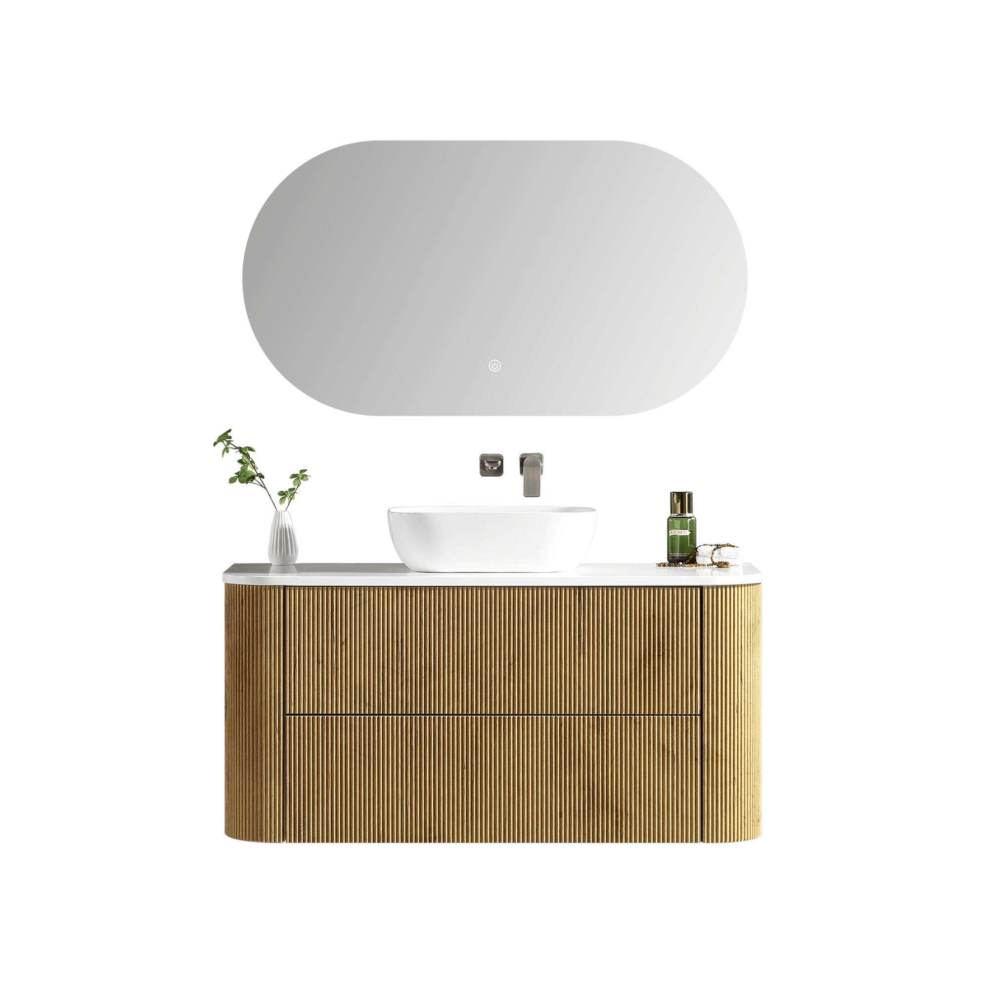 MELA - BRITTANY 1200 Oak Fluted Curved Wall Hung Vanity with 2 Drawers - Vanities - from our - MELA - supplier–available at Bathroom City Perth