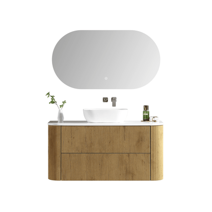 MELA - BRITTANY 1200 Oak Fluted Curved Wall Hung Vanity with 2 Drawers - Vanities - from our - MELA - supplier–available at Bathroom City Perth
