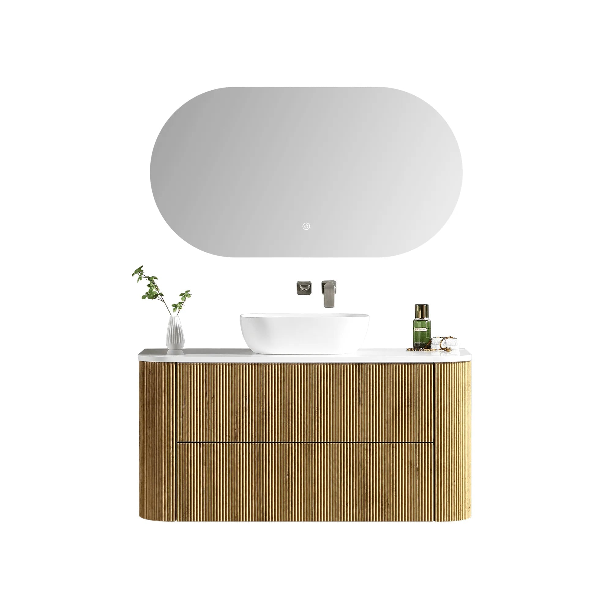 MELA - BRITTANY 1200 Oak Fluted Curved Wall Hung Vanity with 2 Drawers-Vanities-from our-MELA-supplier–available at Bathroom City Perth
