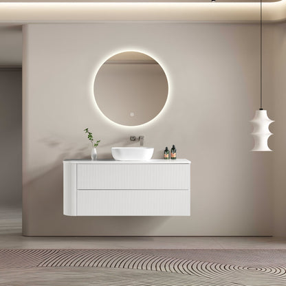 MELA - BRITTANY 1350 Matt White Fluted One Side Curved Wall Hung Vanity with 2 DrawersVanities – available at Bathroom City Perth