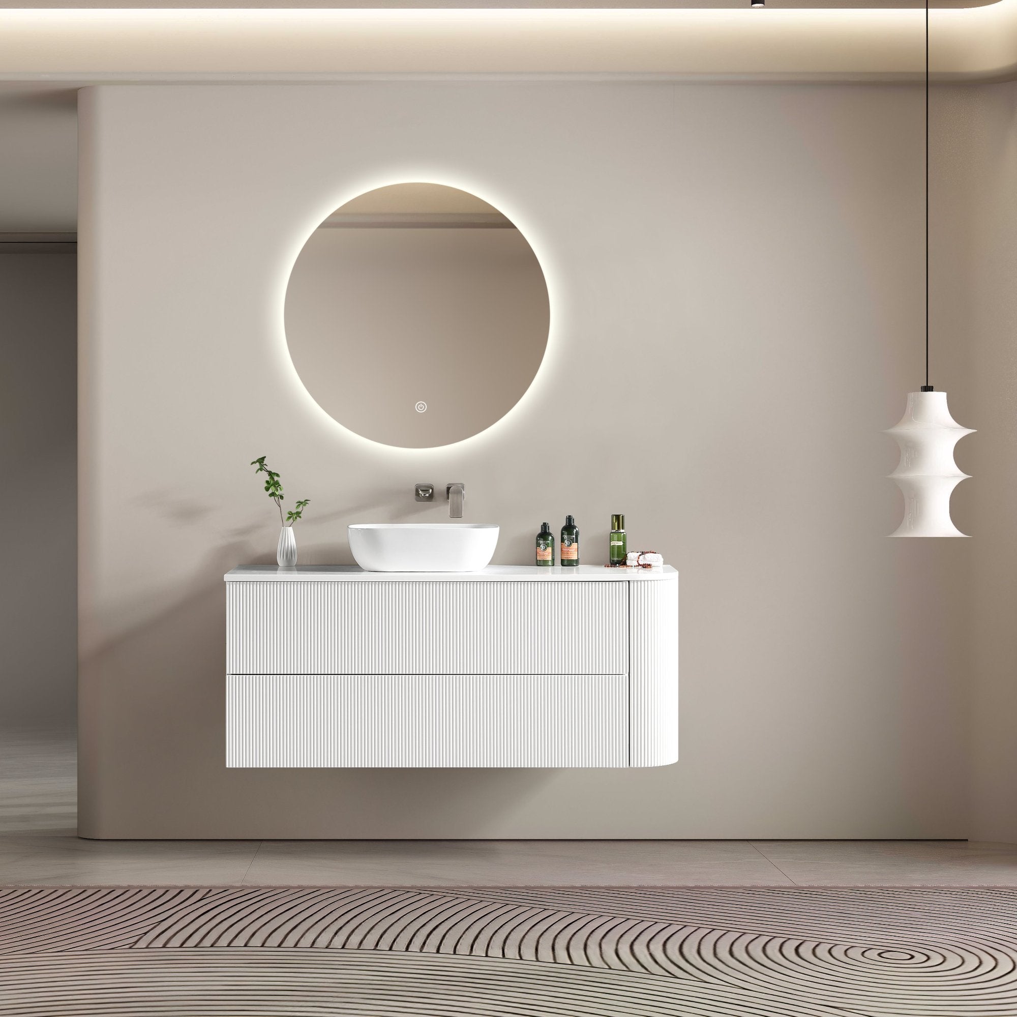 MELA - BRITTANY 1350 Matt White Fluted One Side Curved Wall Hung Vanity with 2 DrawersVanities – available at Bathroom City Perth
