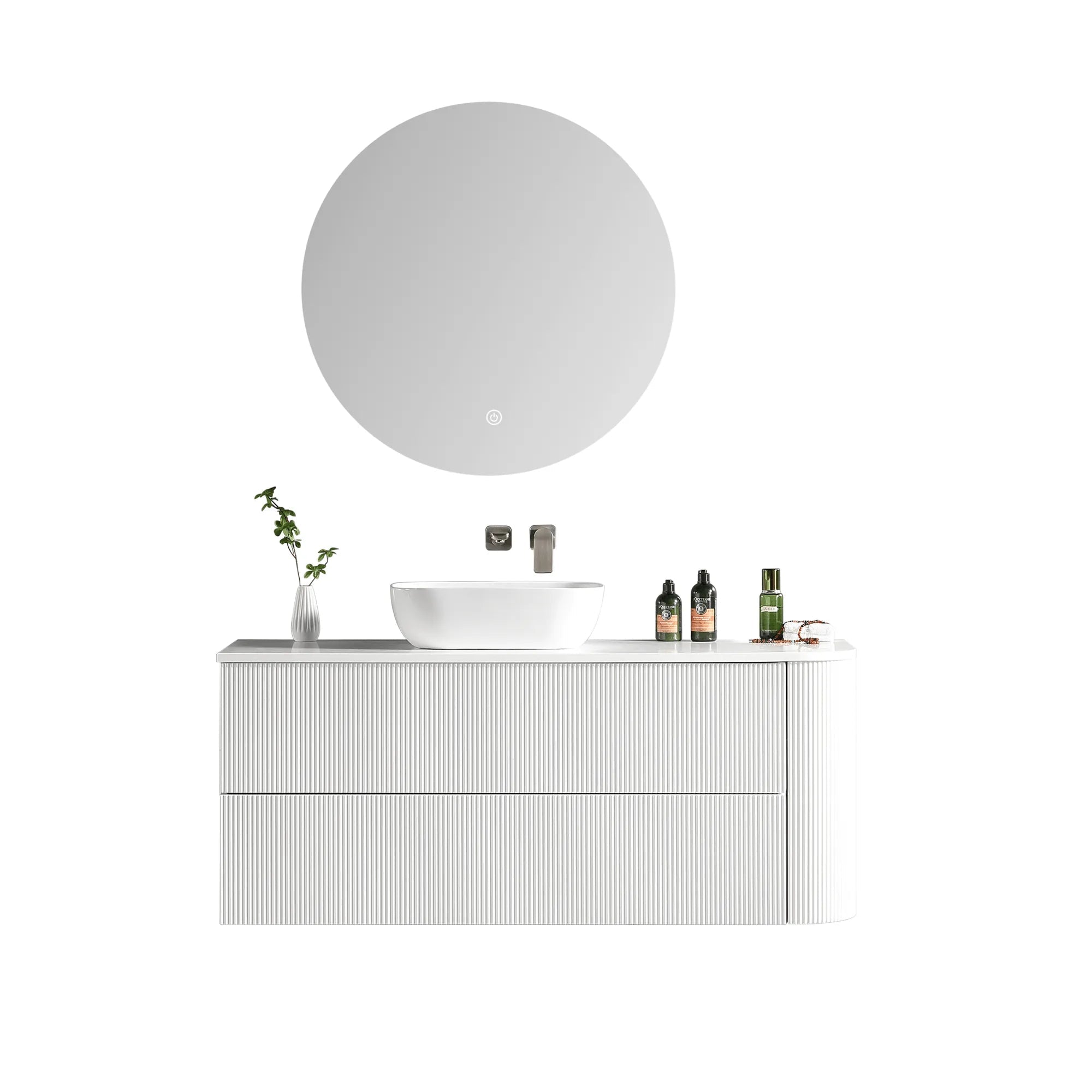MELA - BRITTANY 1350 Matt White Fluted One Side Curved Wall Hung Vanity with 2 Drawers-Vanities-from our-MELA-supplier–available at Bathroom City Perth