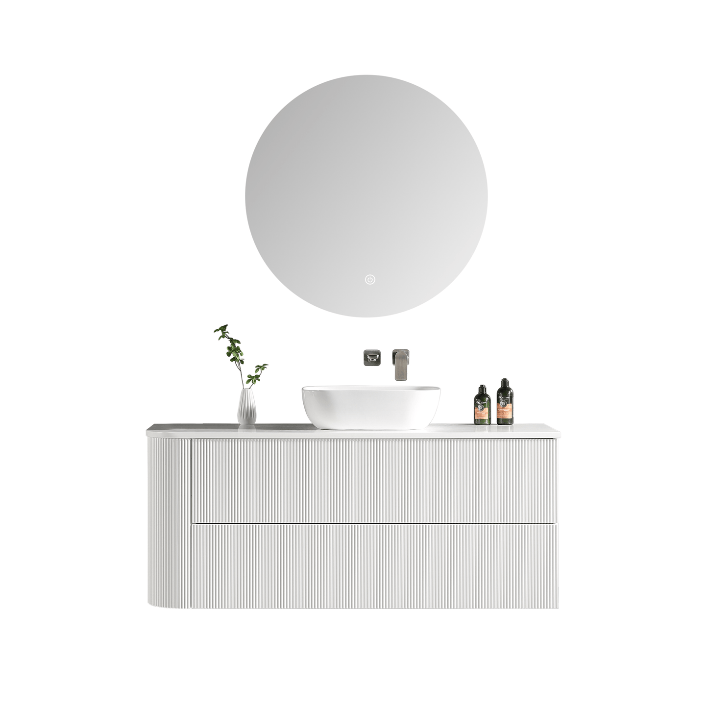 MELA - BRITTANY 1350 Matt White Fluted One Side Curved Wall Hung Vanity with 2 Drawers - Vanities - from our - MELA - supplier–available at Bathroom City Perth