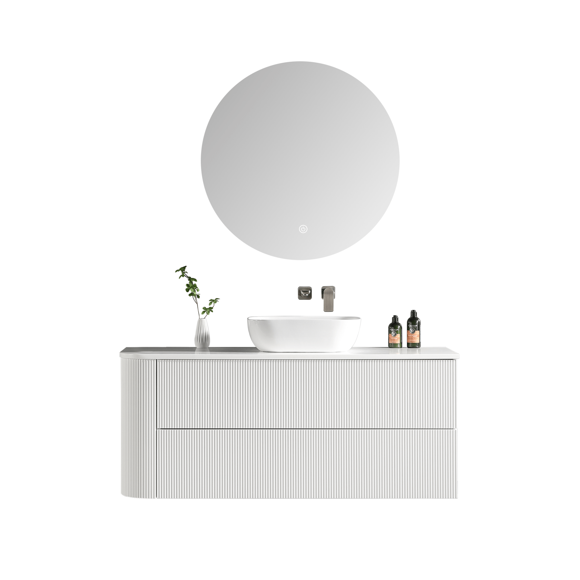 MELA - BRITTANY 1350 Matt White Fluted One Side Curved Wall Hung Vanity with 2 Drawers - Vanities - from our - MELA - supplier–available at Bathroom City Perth