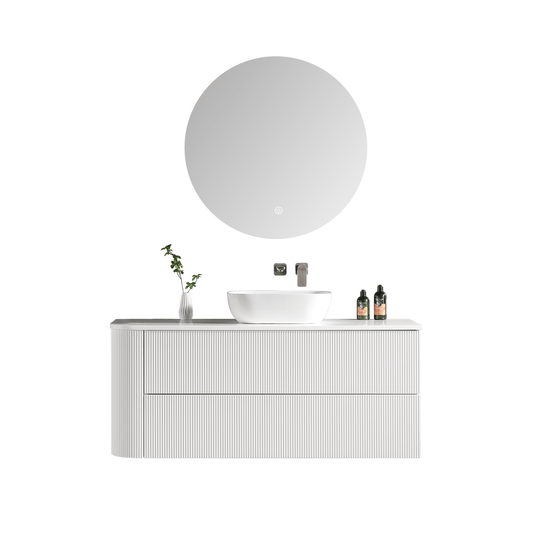 MELA - BRITTANY 1350 Matt White Fluted One Side Curved Wall Hung Vanity with 2 Drawers - Vanities - from our - MELA - supplier–available at Bathroom City Perth