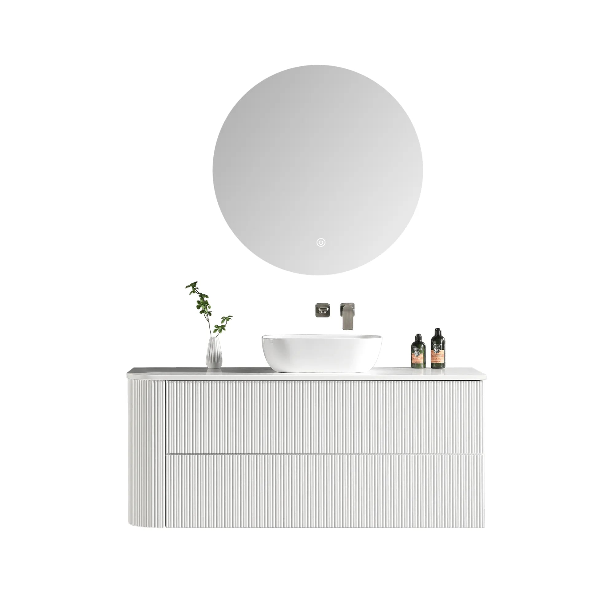 MELA - BRITTANY 1350 Matt White Fluted One Side Curved Wall Hung Vanity with 2 Drawers-Vanities-from our-MELA-supplier–available at Bathroom City Perth