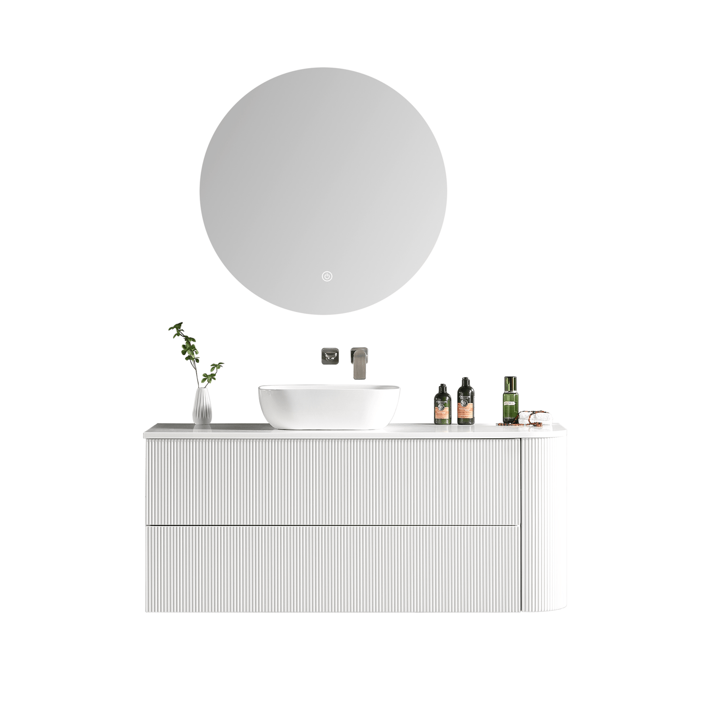 MELA - BRITTANY 1350 Matt White Fluted One Side Curved Wall Hung Vanity with 2 Drawers - Vanities - from our - MELA - supplier–available at Bathroom City Perth