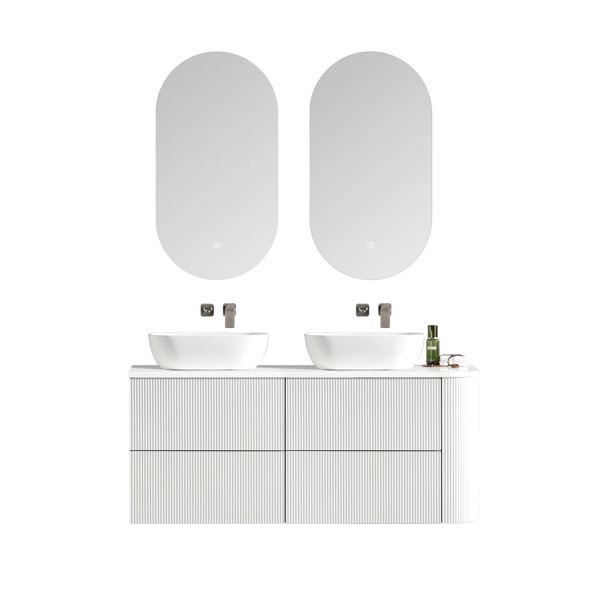 MELA - BRITTANY 1350 Matt White Fluted One Side Curved Wall Hung Vanity with 4 Drawers-Vanities-from our-MELA-supplier–available at Bathroom City Perth
