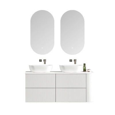 MELA - BRITTANY 1350 Matt White Fluted One Side Curved Wall Hung Vanity with 4 Drawers-Vanities-from our-MELA-supplier–available at Bathroom City Perth