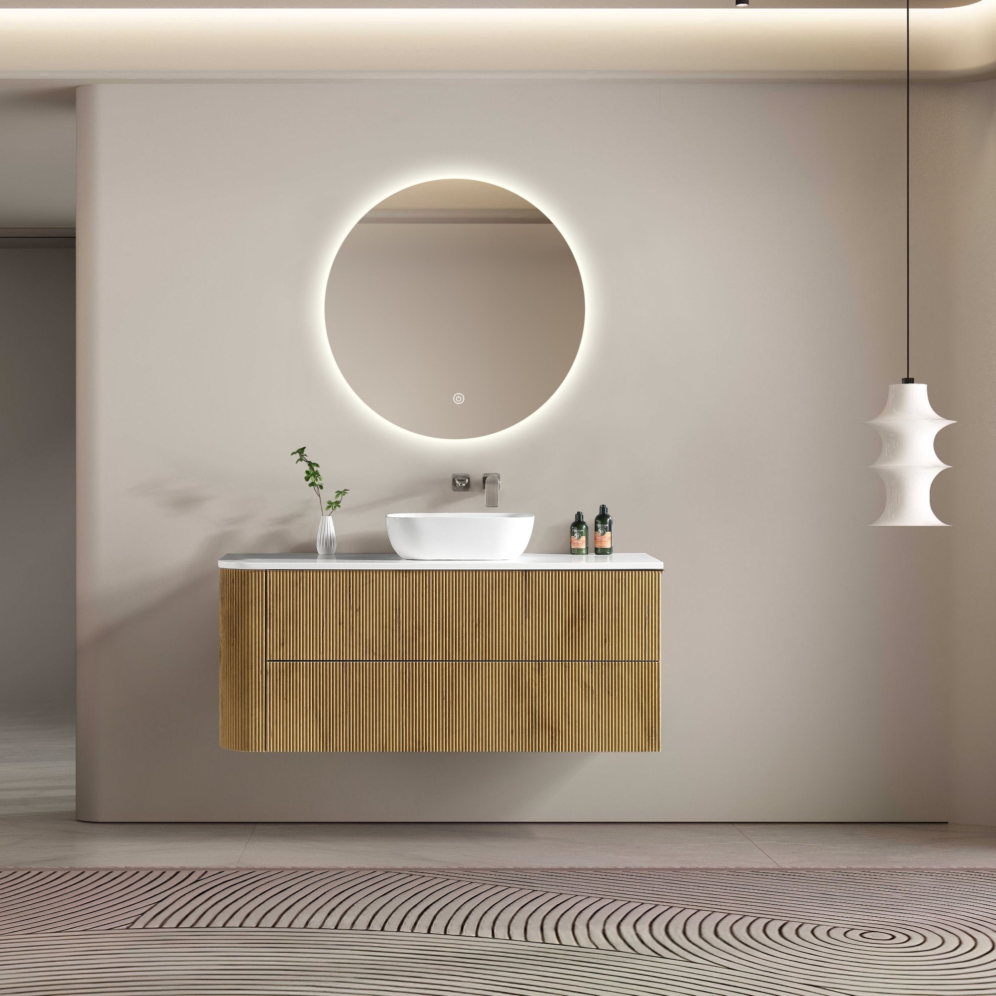 MELA - BRITTANY 1350 Oak Fluted One Side Curved Wall Hung Vanity with 2 Drawer from MELA – available at Bathroom City Perth