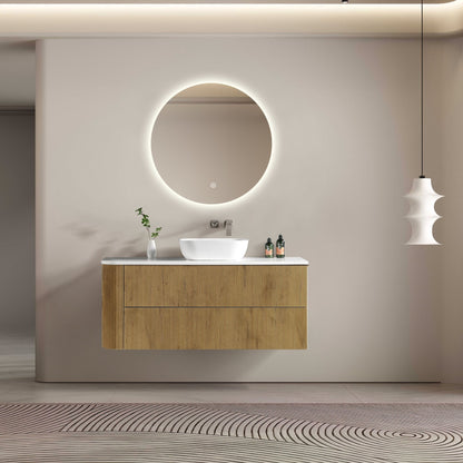 MELA - BRITTANY 1350 Oak Fluted One Side Curved Wall Hung Vanity with 2 Drawer from MELA – available at Bathroom City Perth