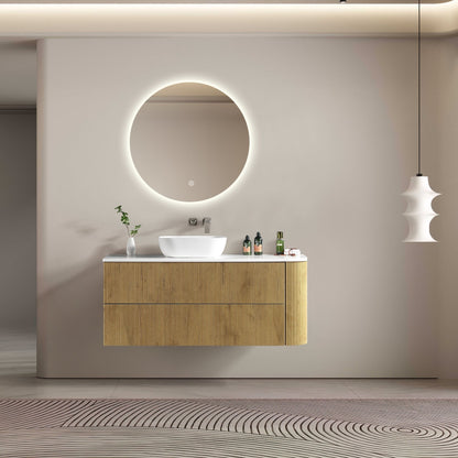 MELA - BRITTANY 1350 Oak Fluted One Side Curved Wall Hung Vanity with 2 DrawersVanities – available at Bathroom City Perth