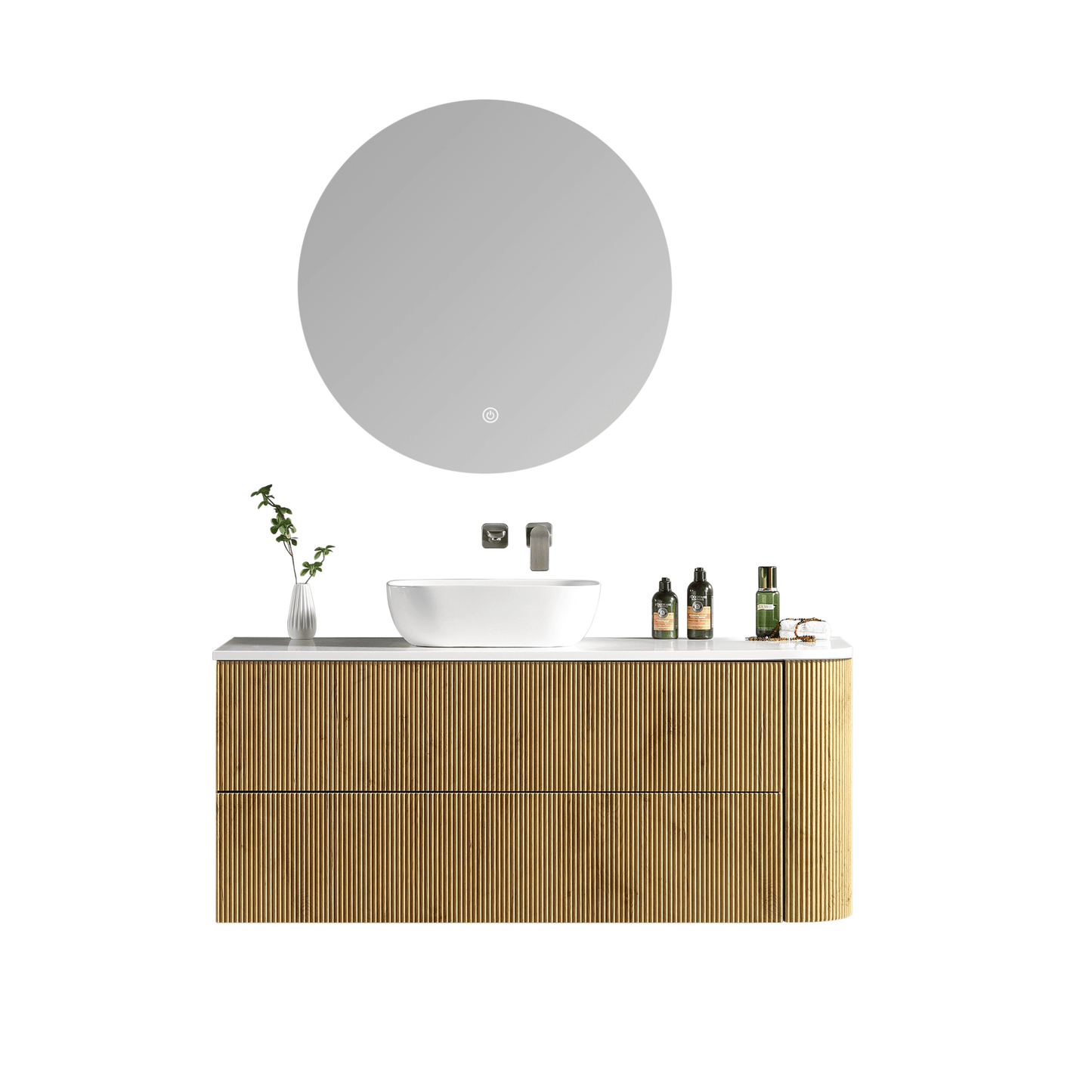 MELA - BRITTANY 1350 Oak Fluted One Side Curved Wall Hung Vanity with 2 Drawers - Vanities - from our - MELA - supplier–available at Bathroom City Perth