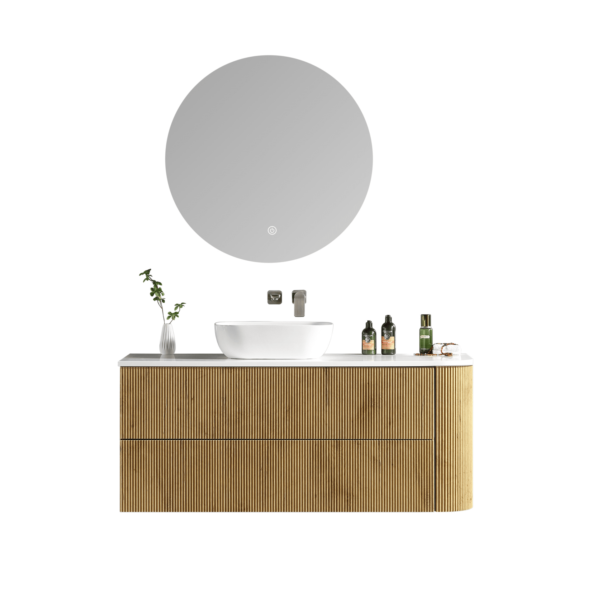 MELA - BRITTANY 1350 Oak Fluted One Side Curved Wall Hung Vanity with 2 Drawers - Vanities - from our - MELA - supplier–available at Bathroom City Perth