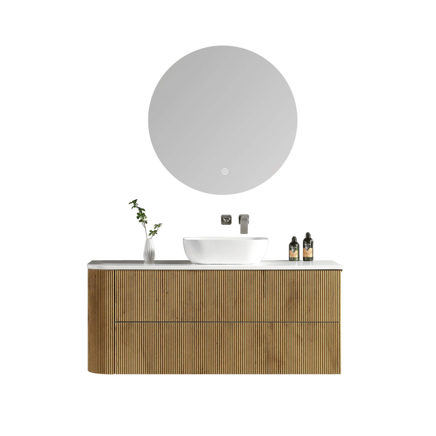MELA - BRITTANY 1350 Oak Fluted One Side Curved Wall Hung Vanity with 2 Drawers - Vanities - from our - MELA - supplier–available at Bathroom City Perth
