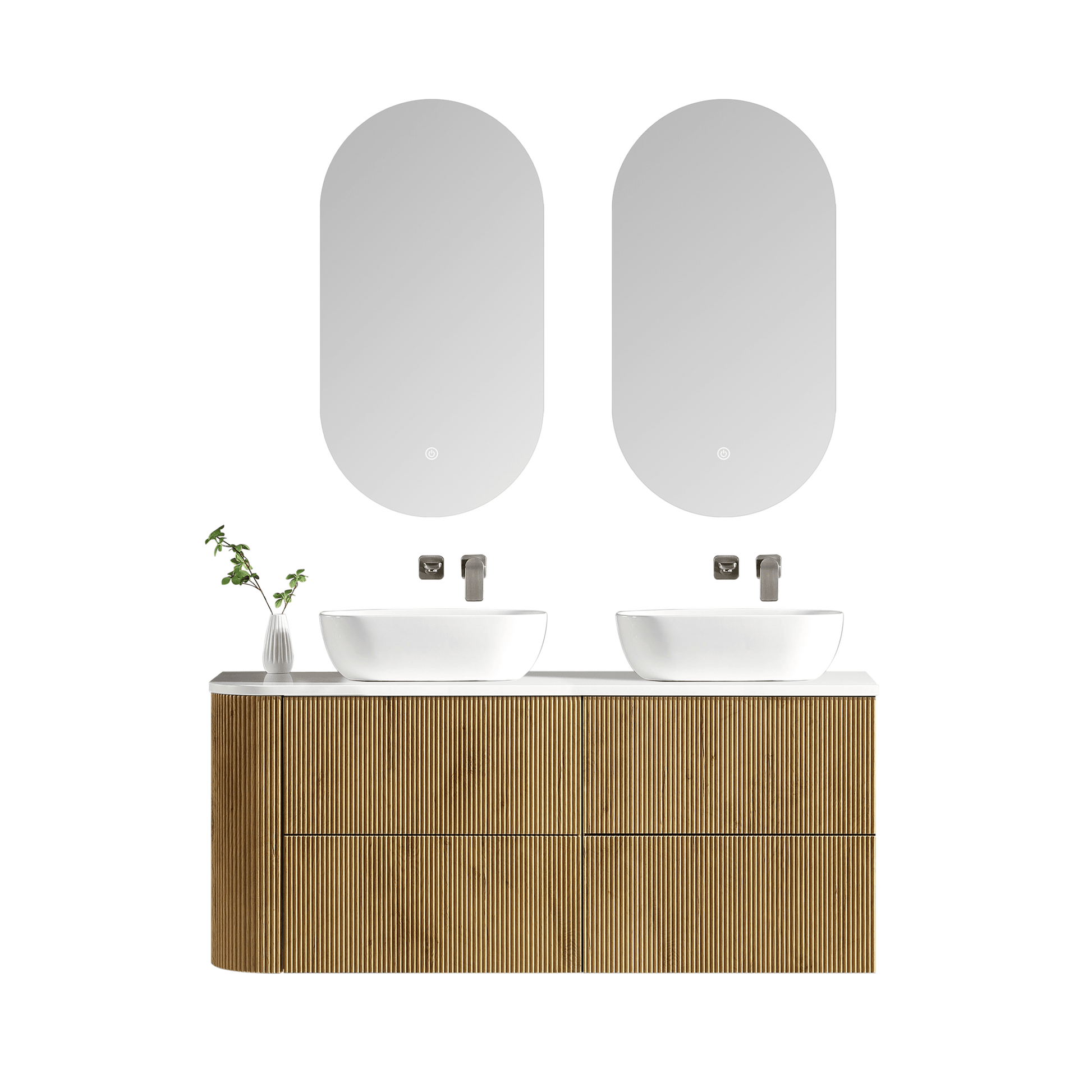 MELA - BRITTANY 1350 Oak Fluted One Side Curved Wall Hung Vanity with 4 Drawers - Vanities - from our - MELA - supplier–available at Bathroom City Perth