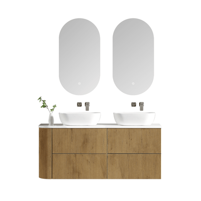MELA - BRITTANY 1350 Oak Fluted One Side Curved Wall Hung Vanity with 4 Drawers - Vanities - from our - MELA - supplier–available at Bathroom City Perth