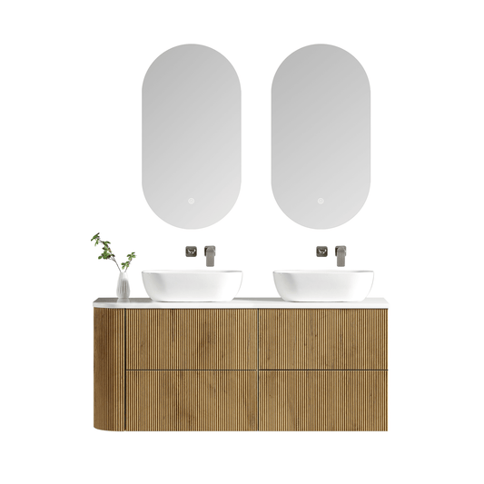 MELA - BRITTANY 1350 Oak Fluted One Side Curved Wall Hung Vanity with 4 Drawers - Vanities - from our - MELA - supplier–available at Bathroom City Perth