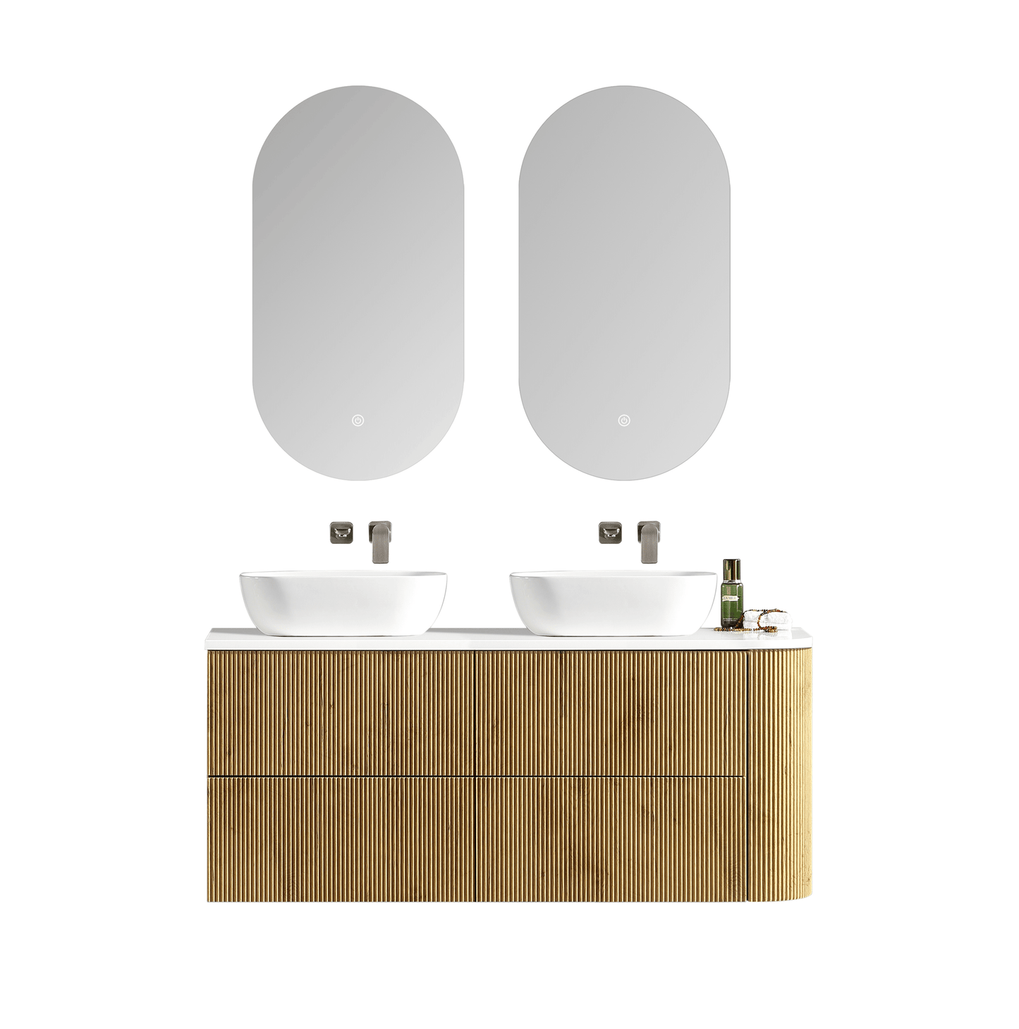 MELA - BRITTANY 1350 Oak Fluted One Side Curved Wall Hung Vanity with 4 Drawers - Vanities - from our - MELA - supplier–available at Bathroom City Perth