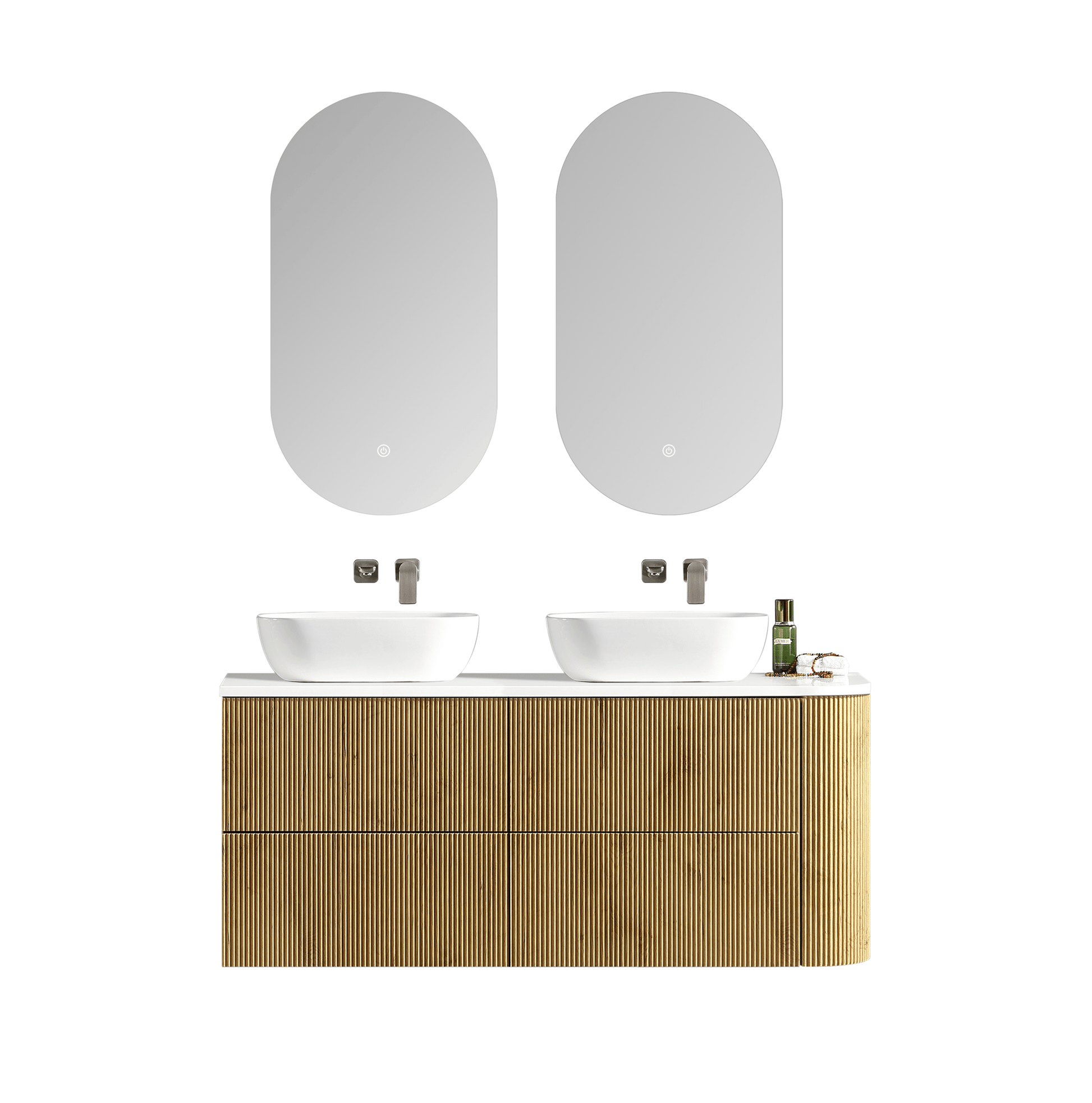 MELA - BRITTANY 1350 Oak Fluted One Side Curved Wall Hung Vanity with 4 Drawers - Vanities - from our - MELA - supplier–available at Bathroom City Perth