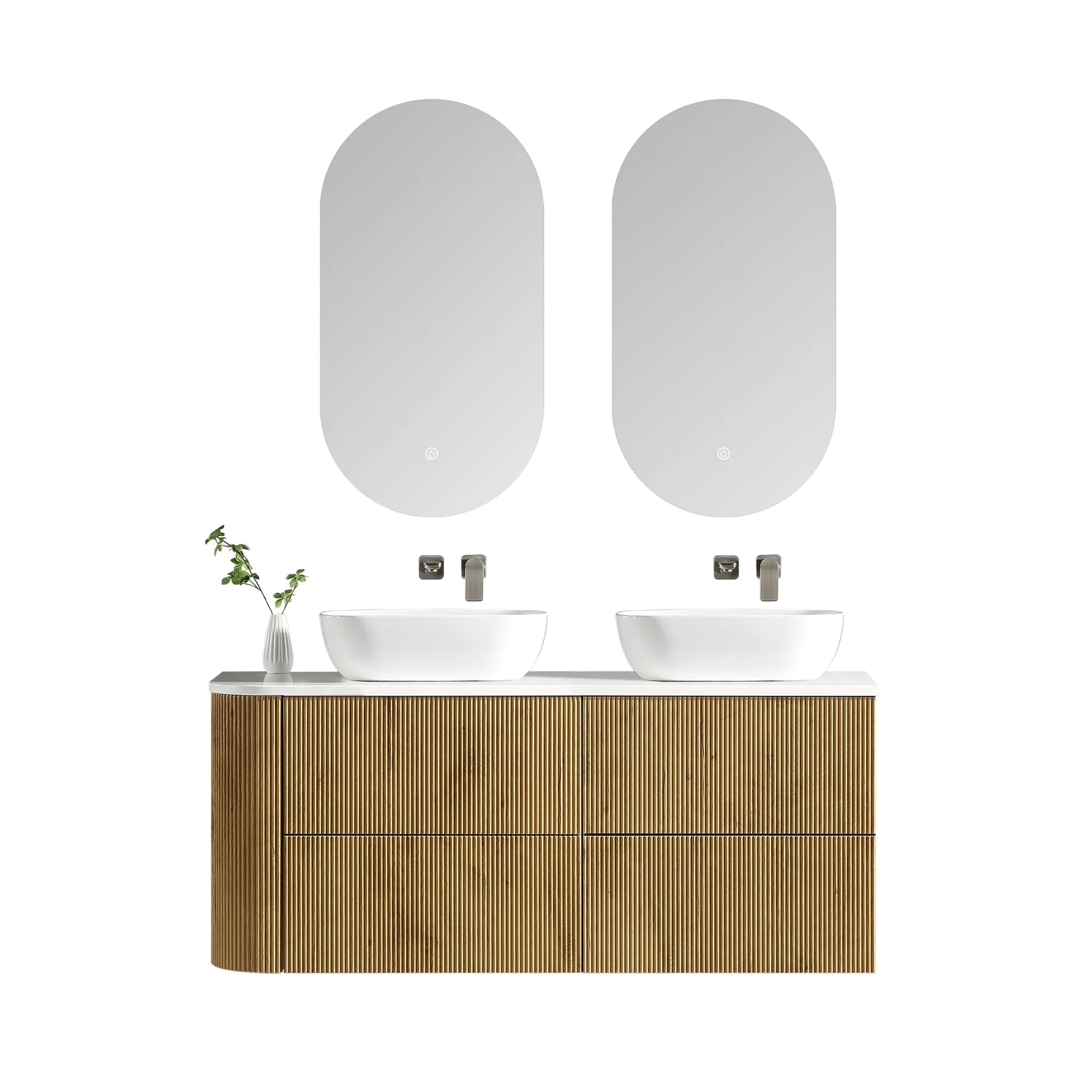 MELA - BRITTANY 1350 Oak Fluted One Side Curved Wall Hung Vanity with 4 Drawers-Vanities-from our-MELA-supplier–available at Bathroom City Perth