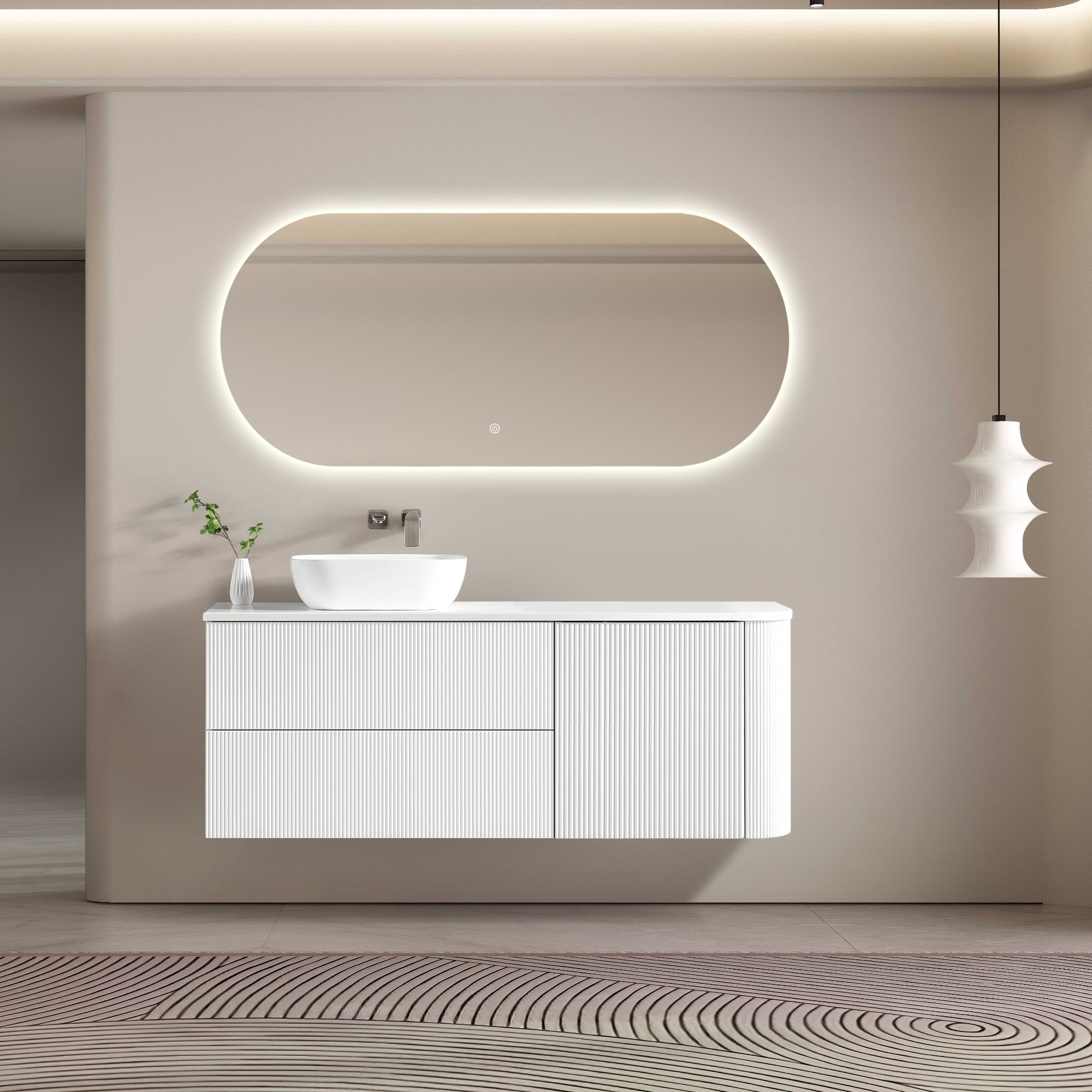MELA - BRITTANY 1500 Matt White Fluted One Side Curved Wall Hung Vanity with Door & 2 DrawersVanities – available at Bathroom City Perth