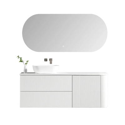MELA - BRITTANY 1500 Matt White Fluted One Side Curved Wall Hung Vanity with Door & 2 Drawers-Vanities-from our-MELA-supplier–available at Bathroom City Perth