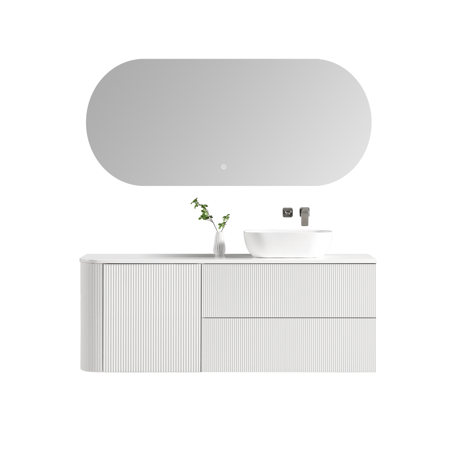 MELA - BRITTANY 1500 Matt White Fluted One Side Curved Wall Hung Vanity with Door & 2 Drawers - Vanities - from our - MELA - supplier–available at Bathroom City Perth