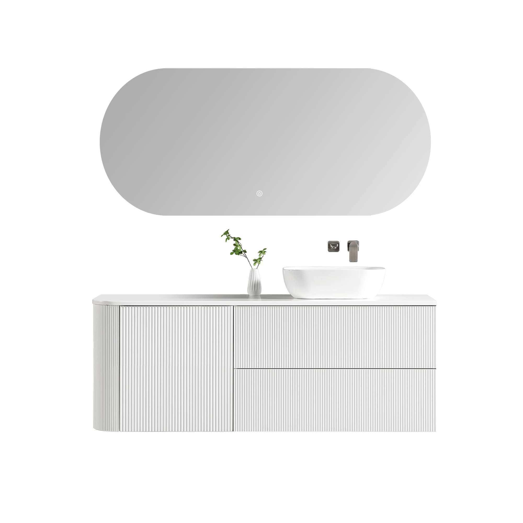 MELA - BRITTANY 1500 Matt White Fluted One Side Curved Wall Hung Vanity with Door & 2 Drawers - Vanities - from our - MELA - supplier–available at Bathroom City Perth