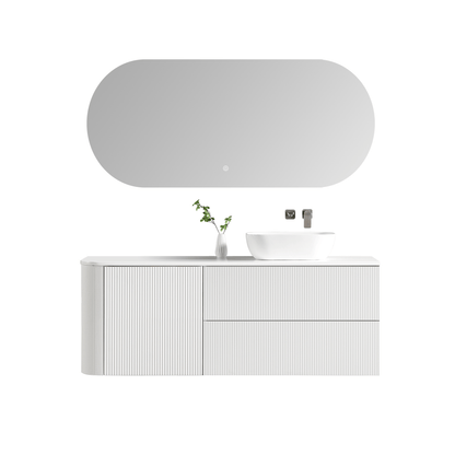 MELA - BRITTANY 1500 Matt White Fluted One Side Curved Wall Hung Vanity with Door & 2 Drawers - Vanities - from our - MELA - supplier–available at Bathroom City Perth