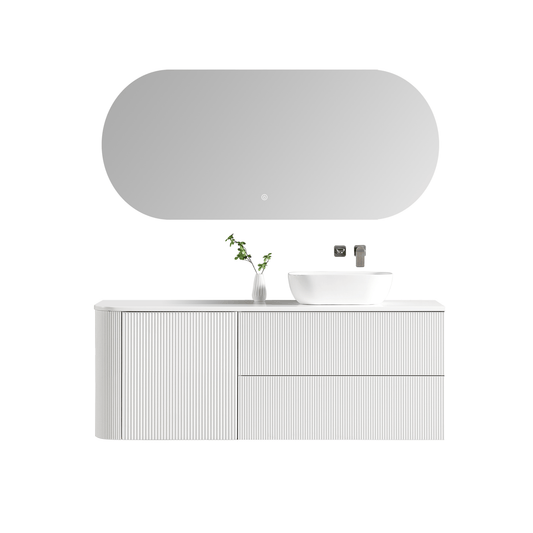 MELA - BRITTANY 1500 Matt White Fluted One Side Curved Wall Hung Vanity with Door & 2 Drawers - Vanities - from our - MELA - supplier–available at Bathroom City Perth
