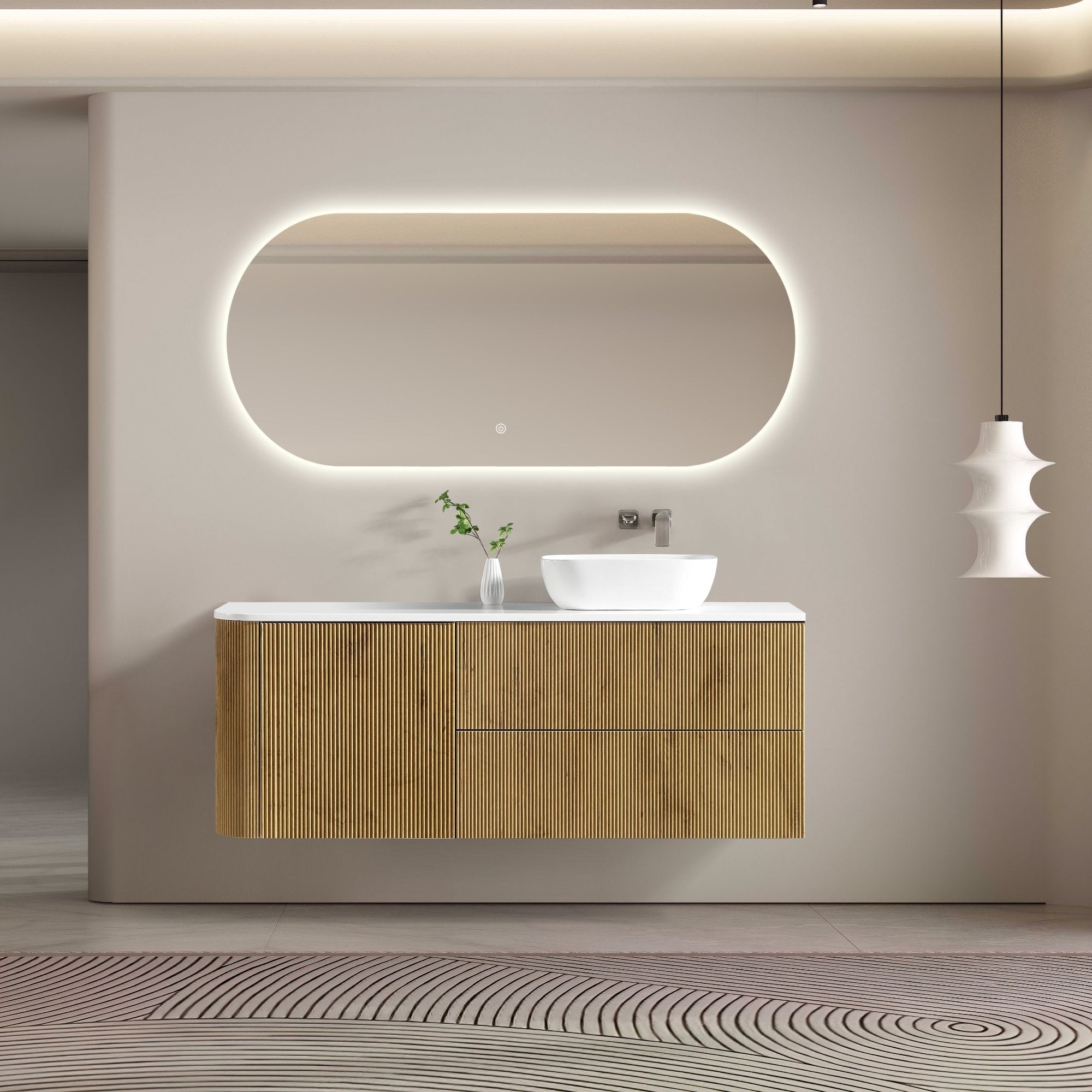 MELA - BRITTANY 1500 Oak Fluted One Side Curved Wall Hung Vanity with Door & 2 DrawersVanities – available at Bathroom City Perth