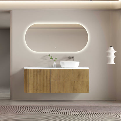 MELA - BRITTANY 1500 Oak Fluted One Side Curved Wall Hung Vanity with Door & 2 DrawersVanities – available at Bathroom City Perth