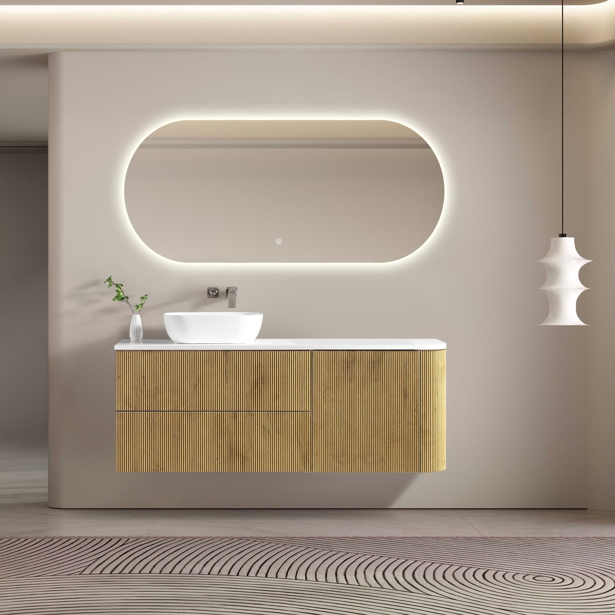 MELA - BRITTANY 1500 Oak Fluted One Side Curved Wall Hung Vanity with Door & 2 DrawersVanities – available at Bathroom City Perth