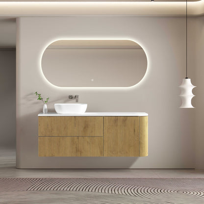 MELA - BRITTANY 1500 Oak Fluted One Side Curved Wall Hung Vanity with Door & 2 DrawersVanities – available at Bathroom City Perth