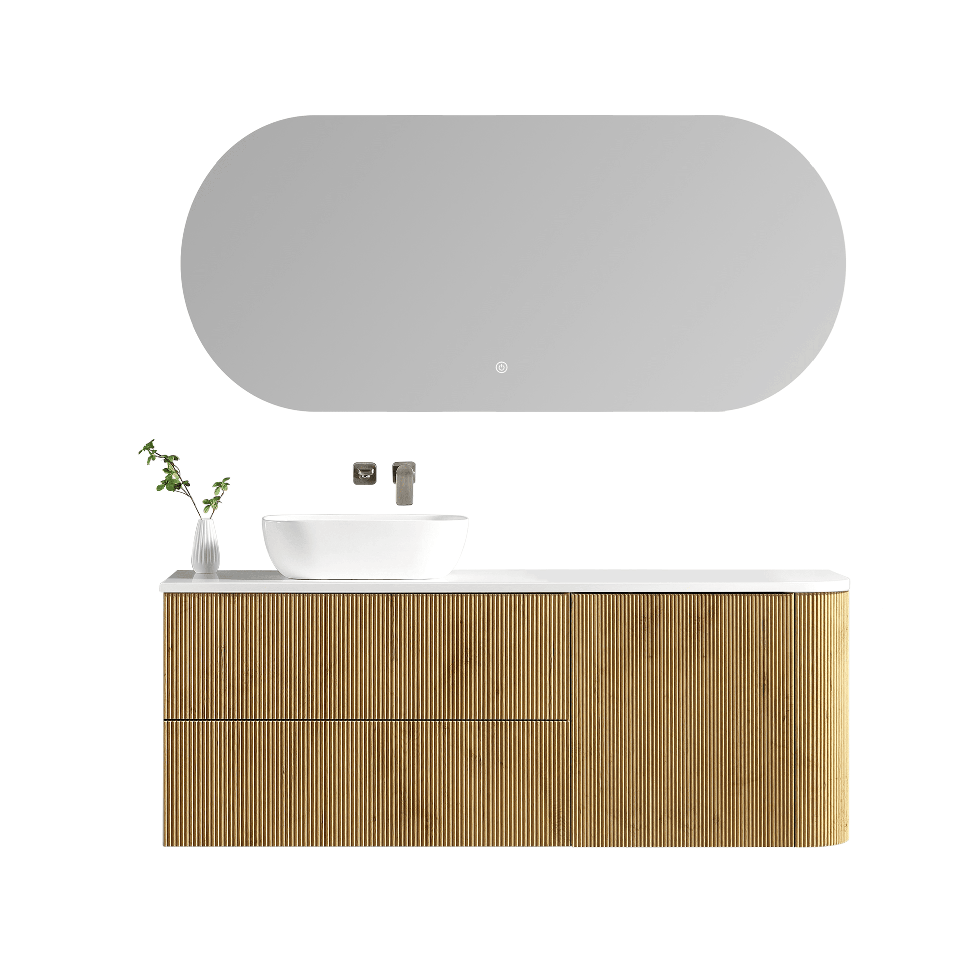 MELA - BRITTANY 1500 Oak Fluted One Side Curved Wall Hung Vanity with Door & 2 Drawers - Vanities - from our - MELA - supplier–available at Bathroom City Perth