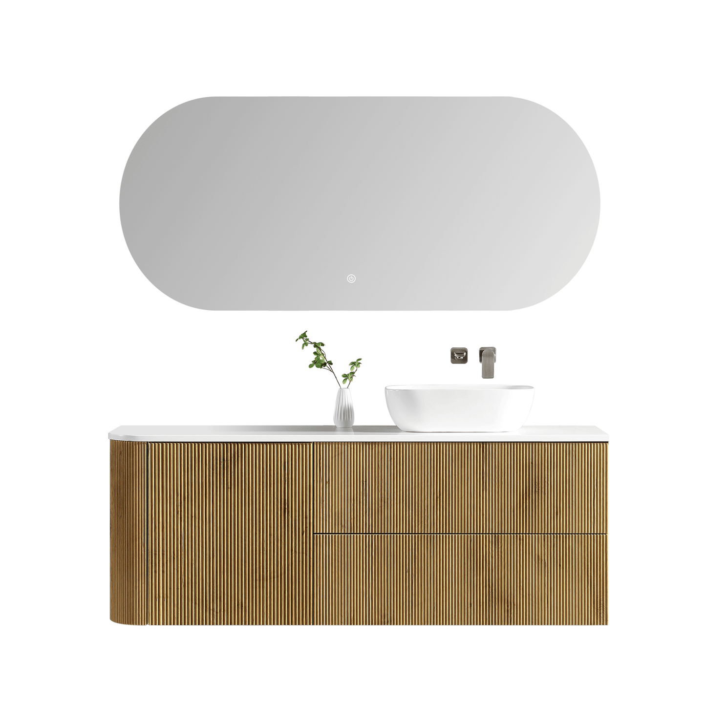 MELA - BRITTANY 1500 Oak Fluted One Side Curved Wall Hung Vanity with Door & 2 Drawers - Vanities - from our - MELA - supplier–available at Bathroom City Perth