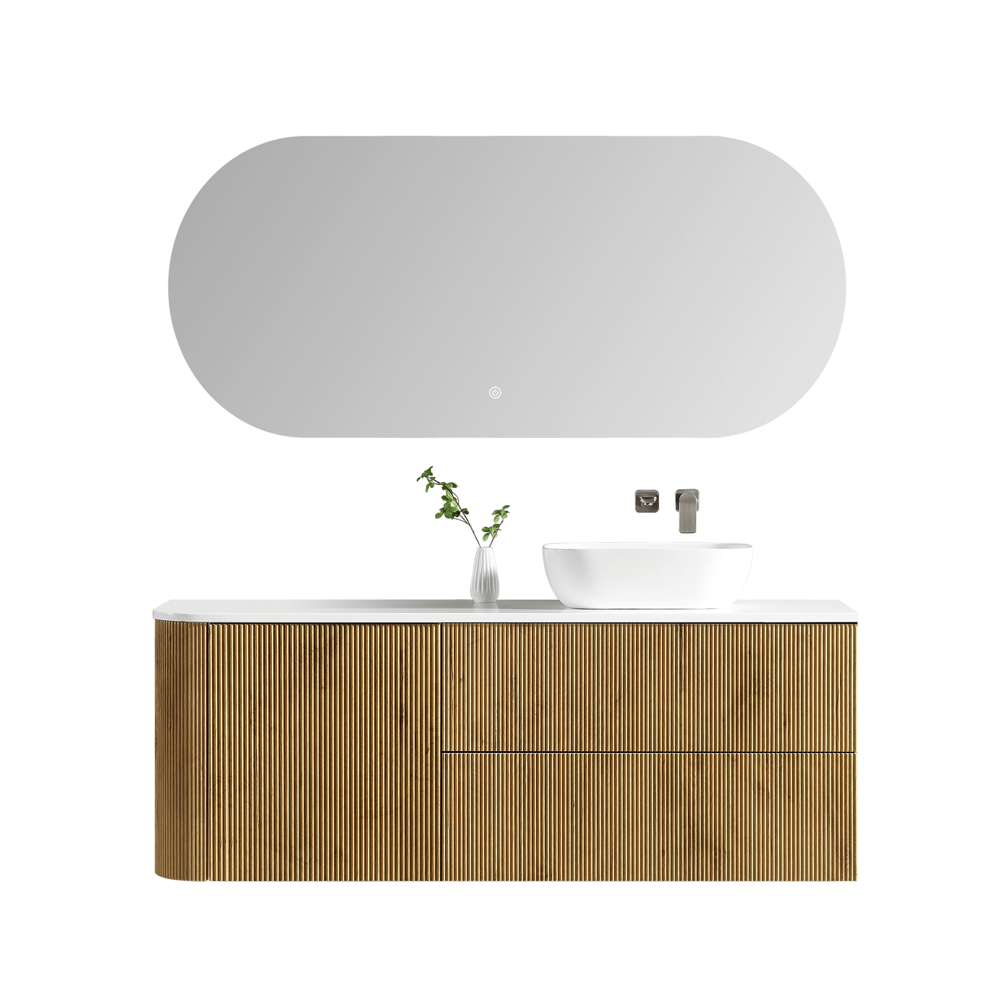 MELA - BRITTANY 1500 Oak Fluted One Side Curved Wall Hung Vanity with Door & 2 Drawers - Vanities - from our - MELA - supplier–available at Bathroom City Perth