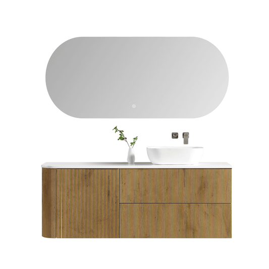 MELA - BRITTANY 1500 Oak Fluted One Side Curved Wall Hung Vanity with Door & 2 Drawers - Vanities - from our - MELA - supplier–available at Bathroom City Perth