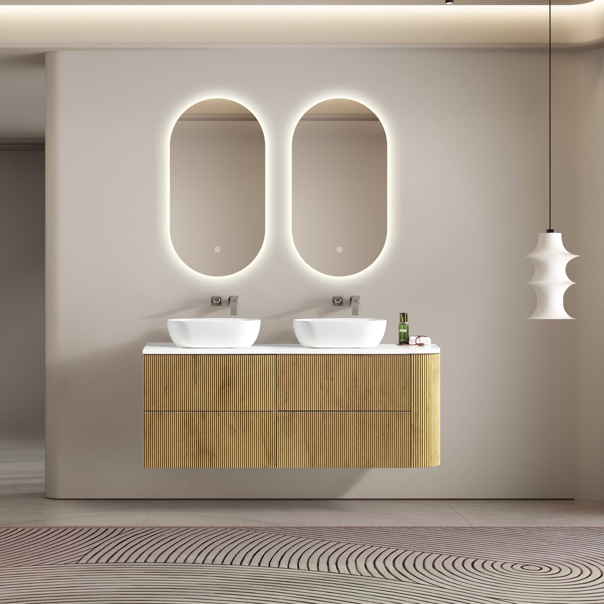 MELA - BRITTANY 1650 Oak Fluted One Side Curved Wall Hung Vanity with 4 DrawersVanities – available at Bathroom City Perth