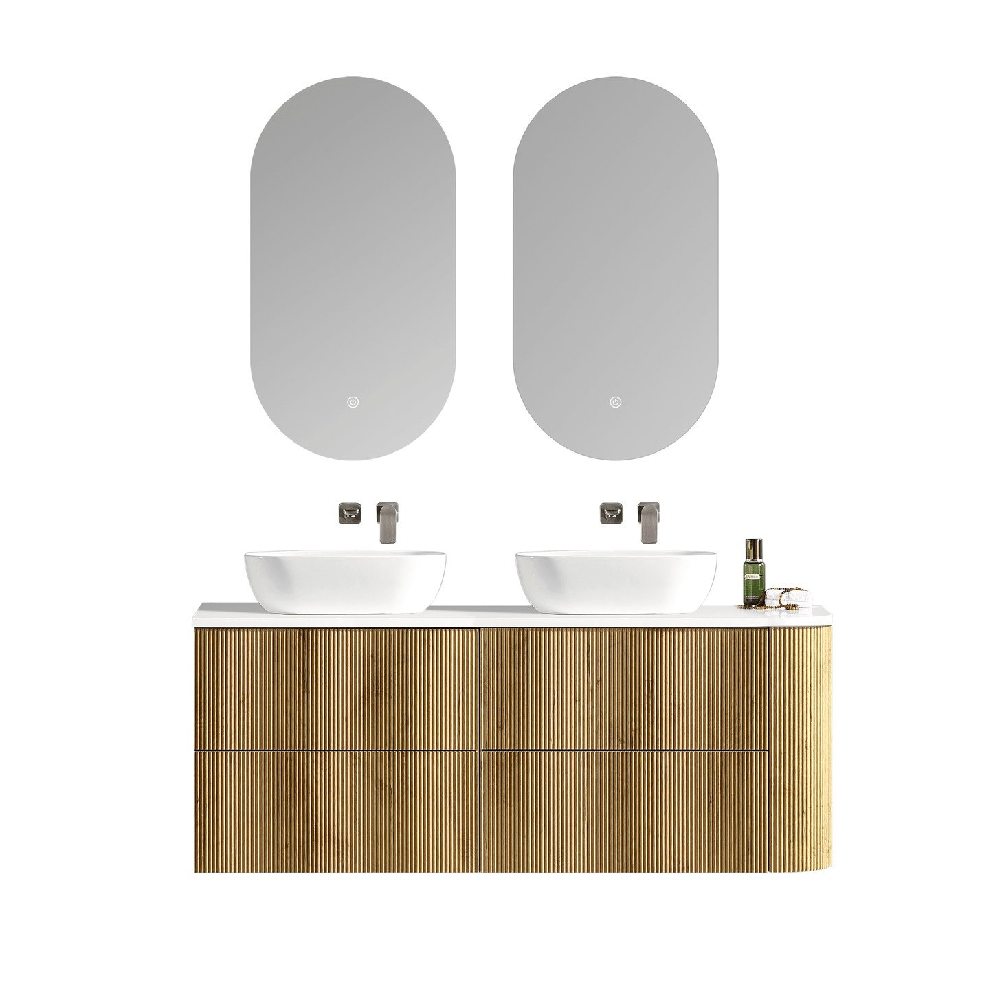 MELA - BRITTANY 1650 Oak Fluted One Side Curved Wall Hung Vanity with 4 Drawers - Vanities - from our - MELA - supplier–available at Bathroom City Perth