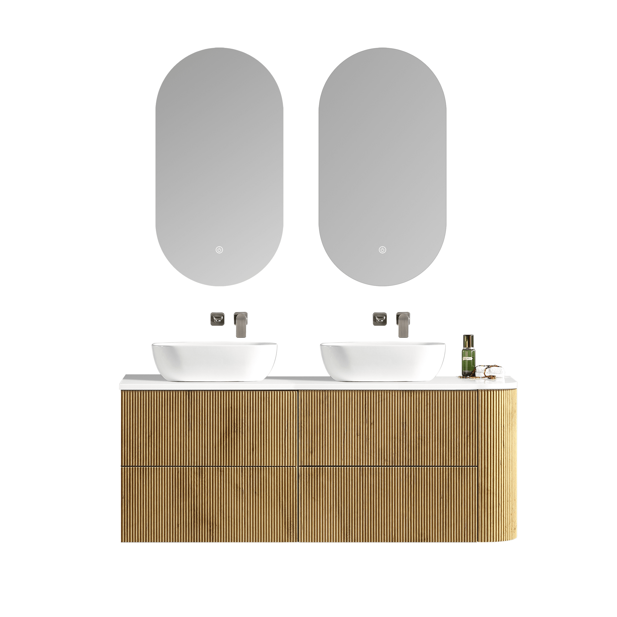 MELA - BRITTANY 1650 Oak Fluted One Side Curved Wall Hung Vanity with 4 Drawers - Vanities - from our - MELA - supplier–available at Bathroom City Perth