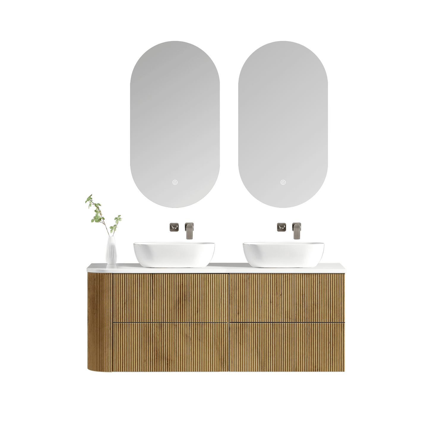 MELA - BRITTANY 1650 Oak Fluted One Side Curved Wall Hung Vanity with 4 Drawers - Vanities - from our - MELA - supplier–available at Bathroom City Perth