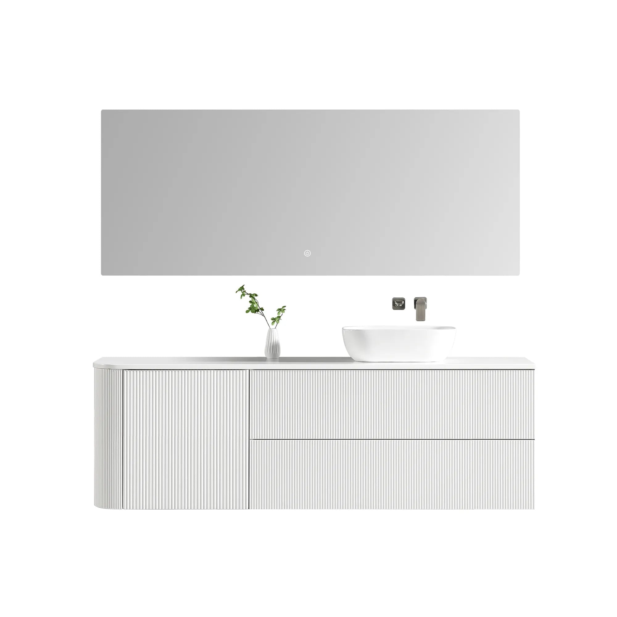 MELA - BRITTANY 1800 Matt White Fluted One Side Curved Wall Hung Vanity with Door & 2 Drawers-Vanities-from our-MELA-supplier–available at Bathroom City Perth